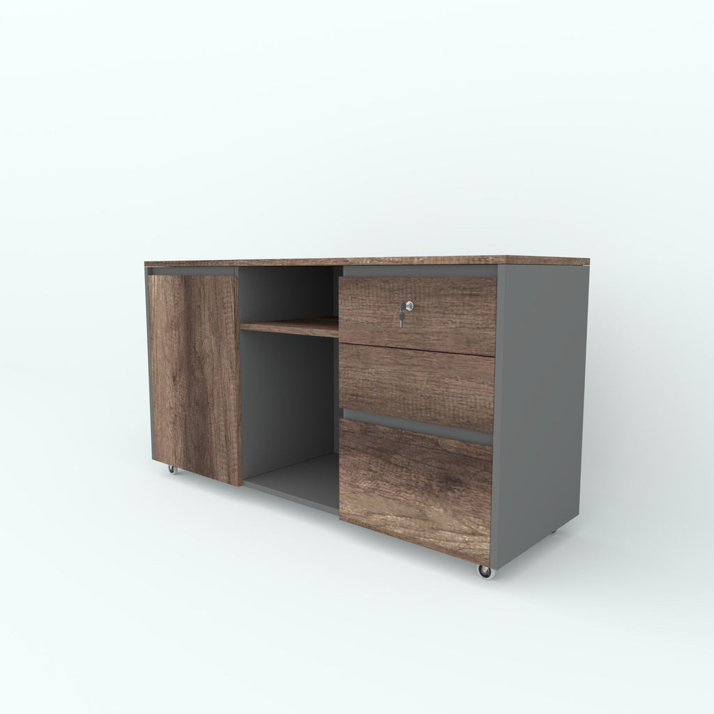 Angled view of the brown Fino office side unit with drawers, a cupboard and open shelves.