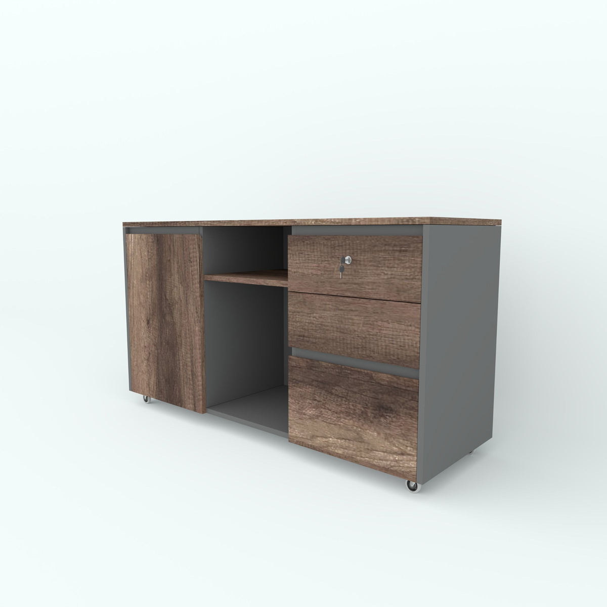 Angled view of the brown Fino office side unit with drawers, a cupboard and open shelves.