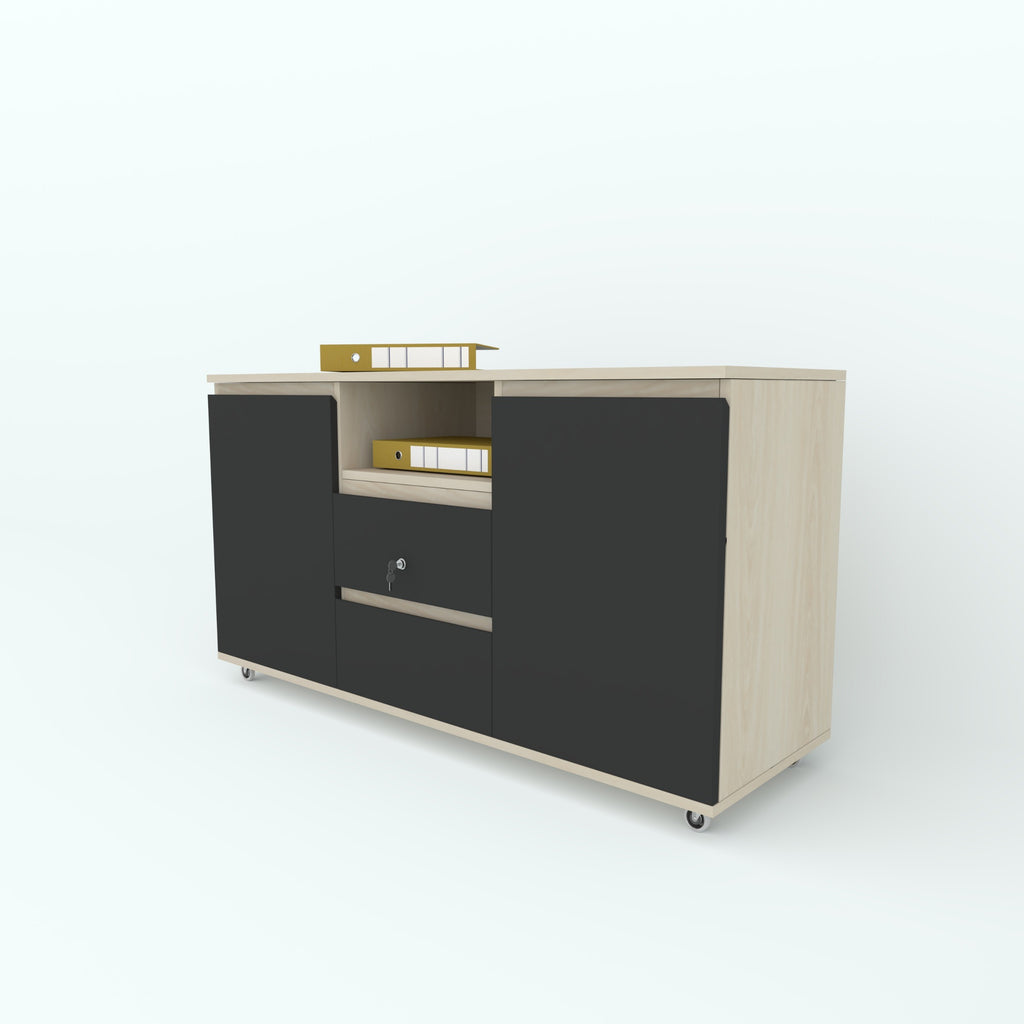 Muted mobile side cabinet with black doors and a light wood-grain frame.