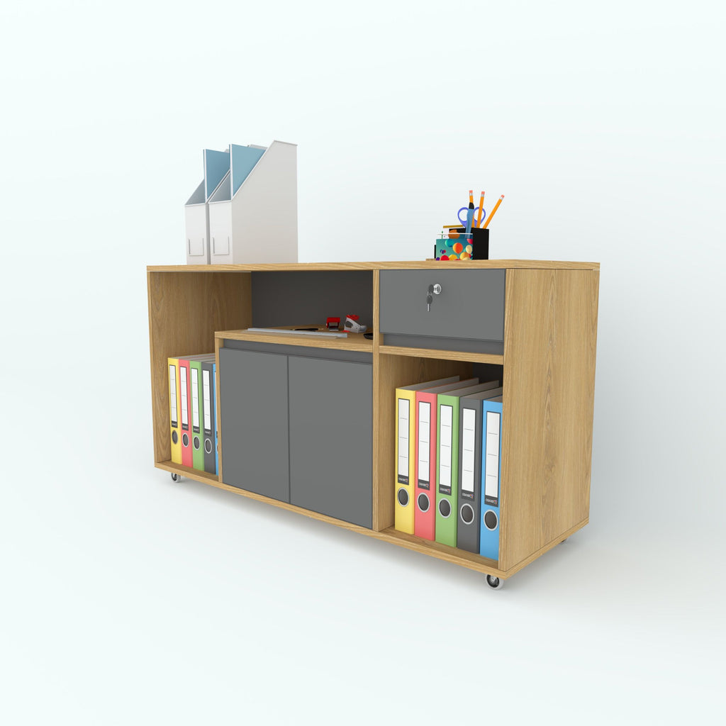 Offset mobile side cabinet with grey doors and open file shelves.