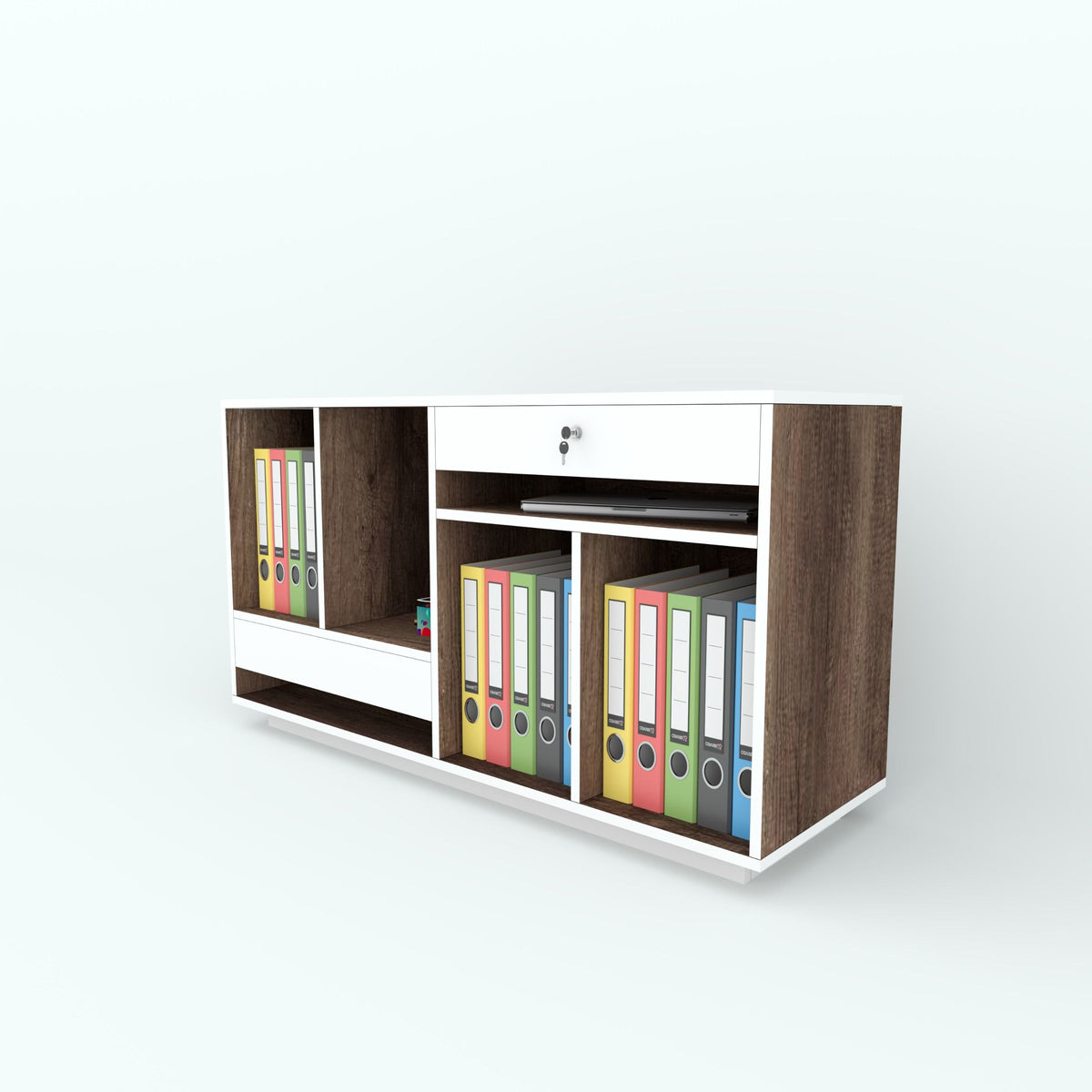Angled view of the brown and white Drobby office side unit with files and a lockable drawer.