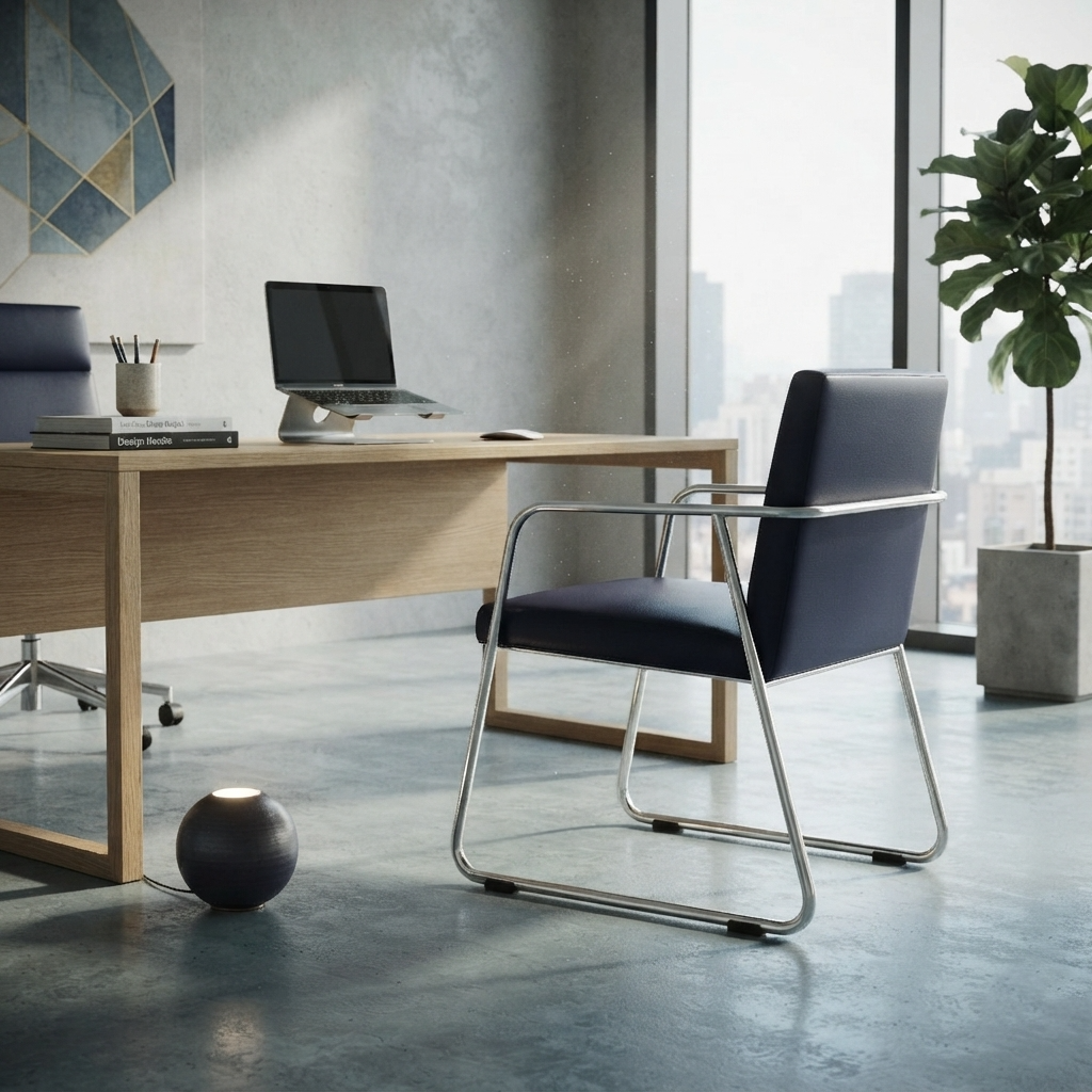 Navy Krylo visitor chair with a silver frame beside an office desk.