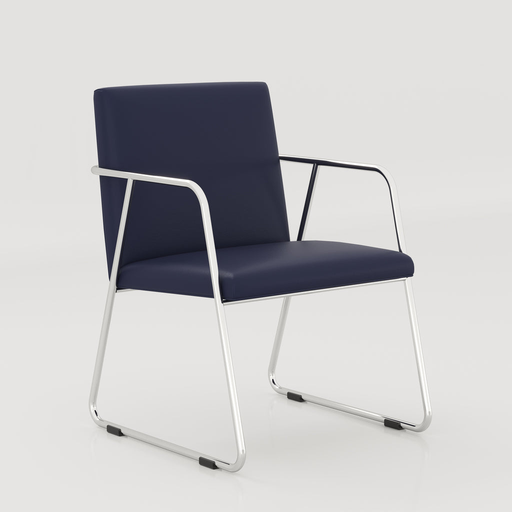 Opposite angled view of the navy Krylo visitor chair with a silver sled base.