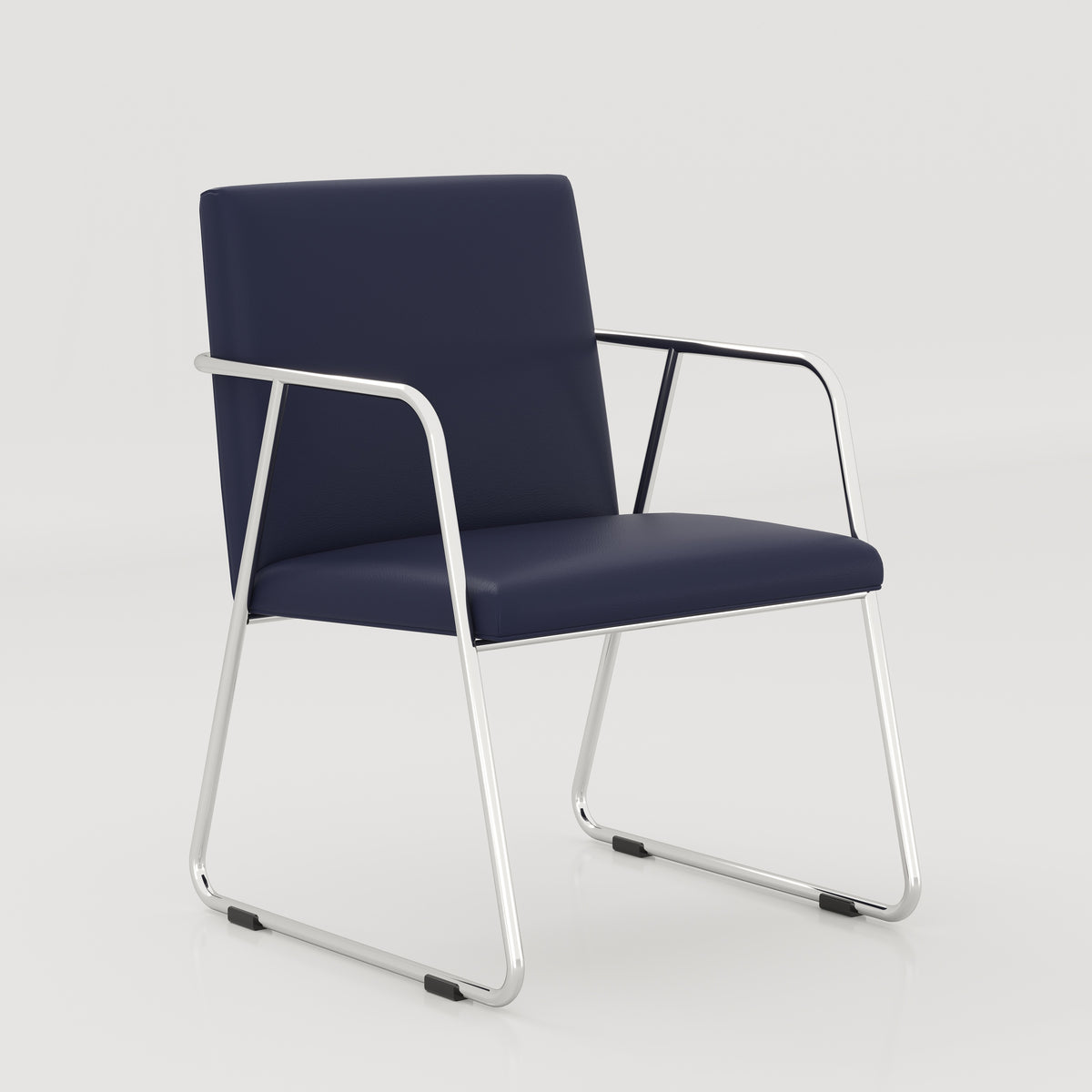 Opposite angled view of the navy Krylo visitor chair with a silver sled base.
