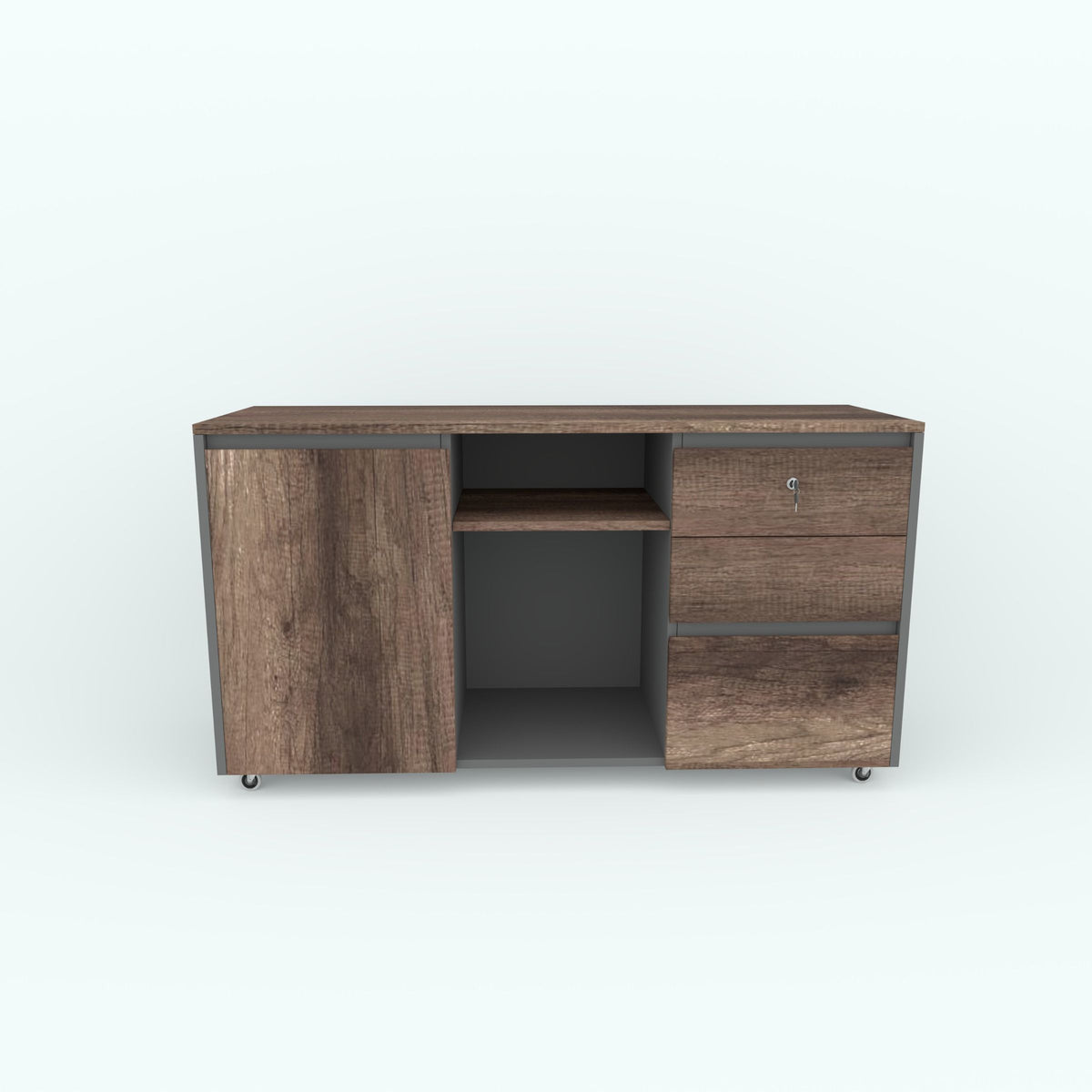 Front view of the brown Fino office side unit with drawers and a central open shelf.