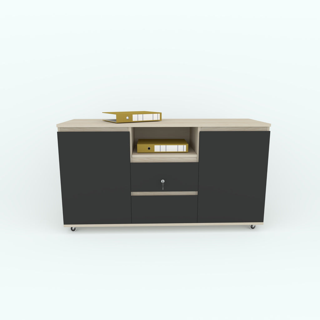 Front view of the Muted mobile side cabinet with black doors.