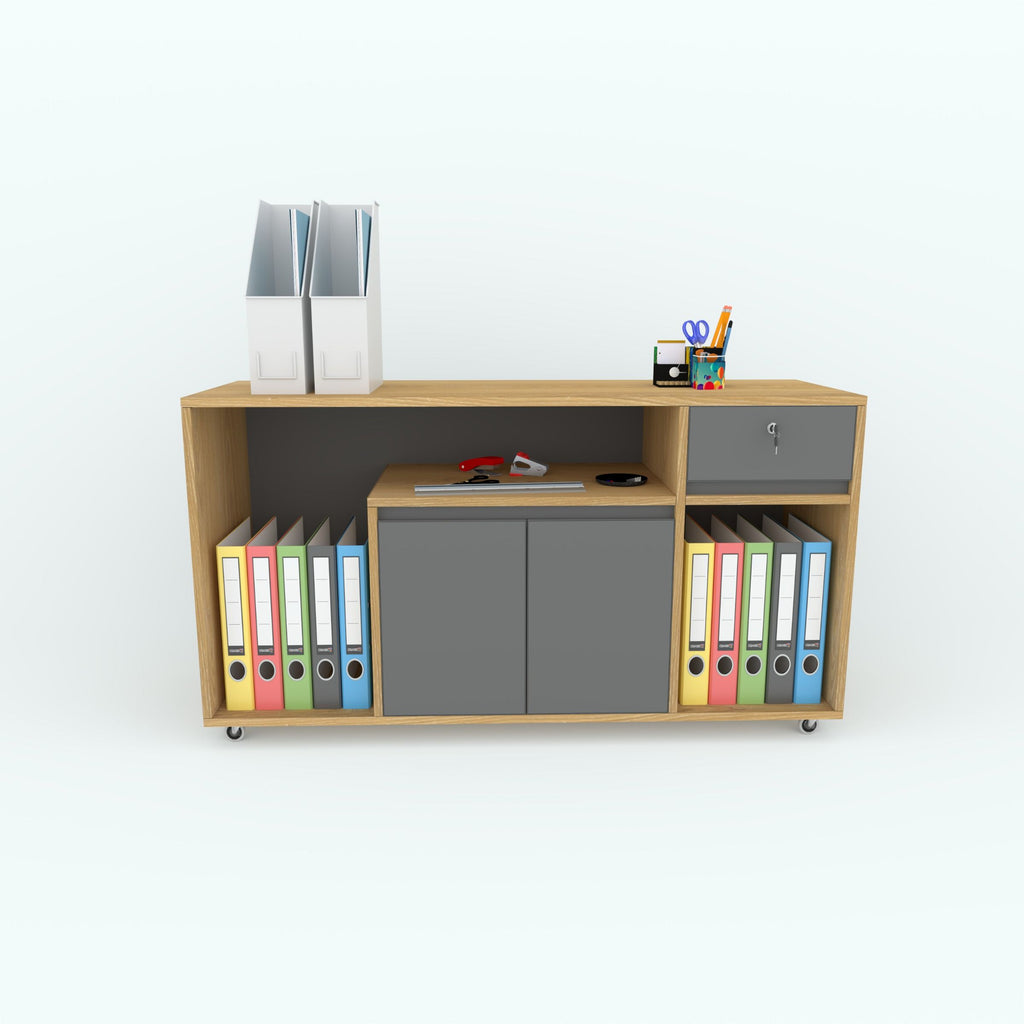 Front view of the Offset side cabinet with folders and a locking drawer.