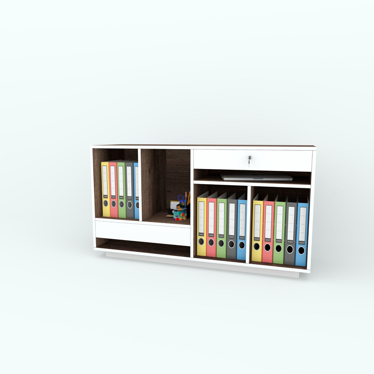 Front view of the Drobby office side unit with files in its open compartments.