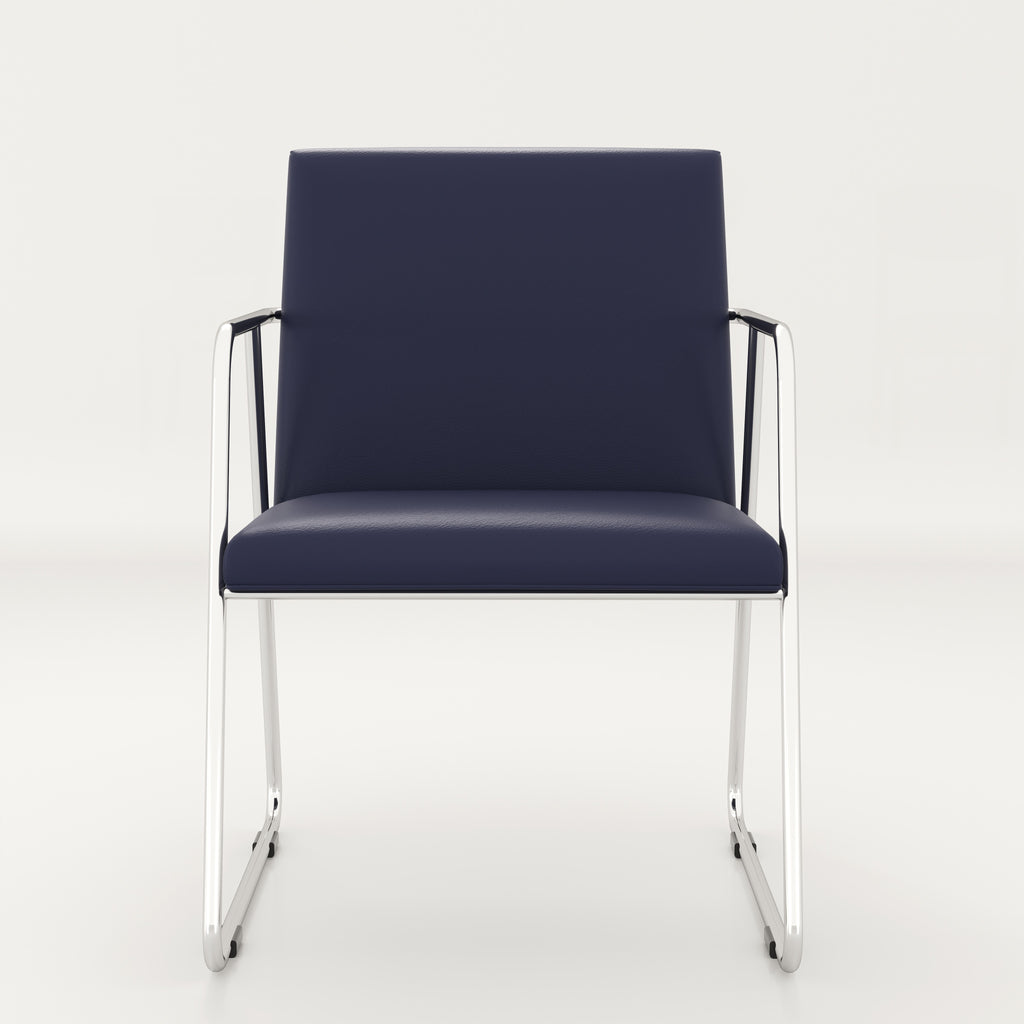 Front view of the navy Krylo visitor chair with a silver sled base.