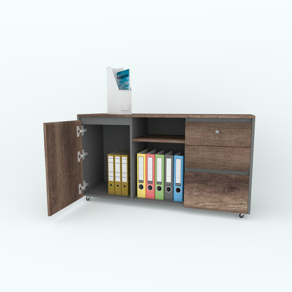 Fino office side unit with its cupboard door open, showing file storage.