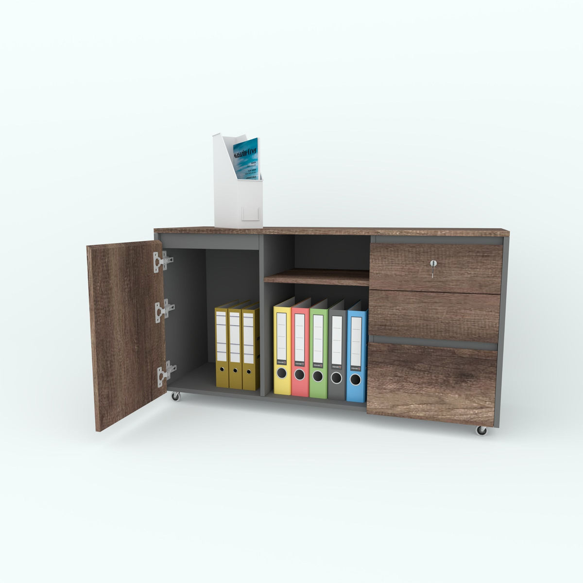 Fino office side unit with its cupboard door open, showing file storage.