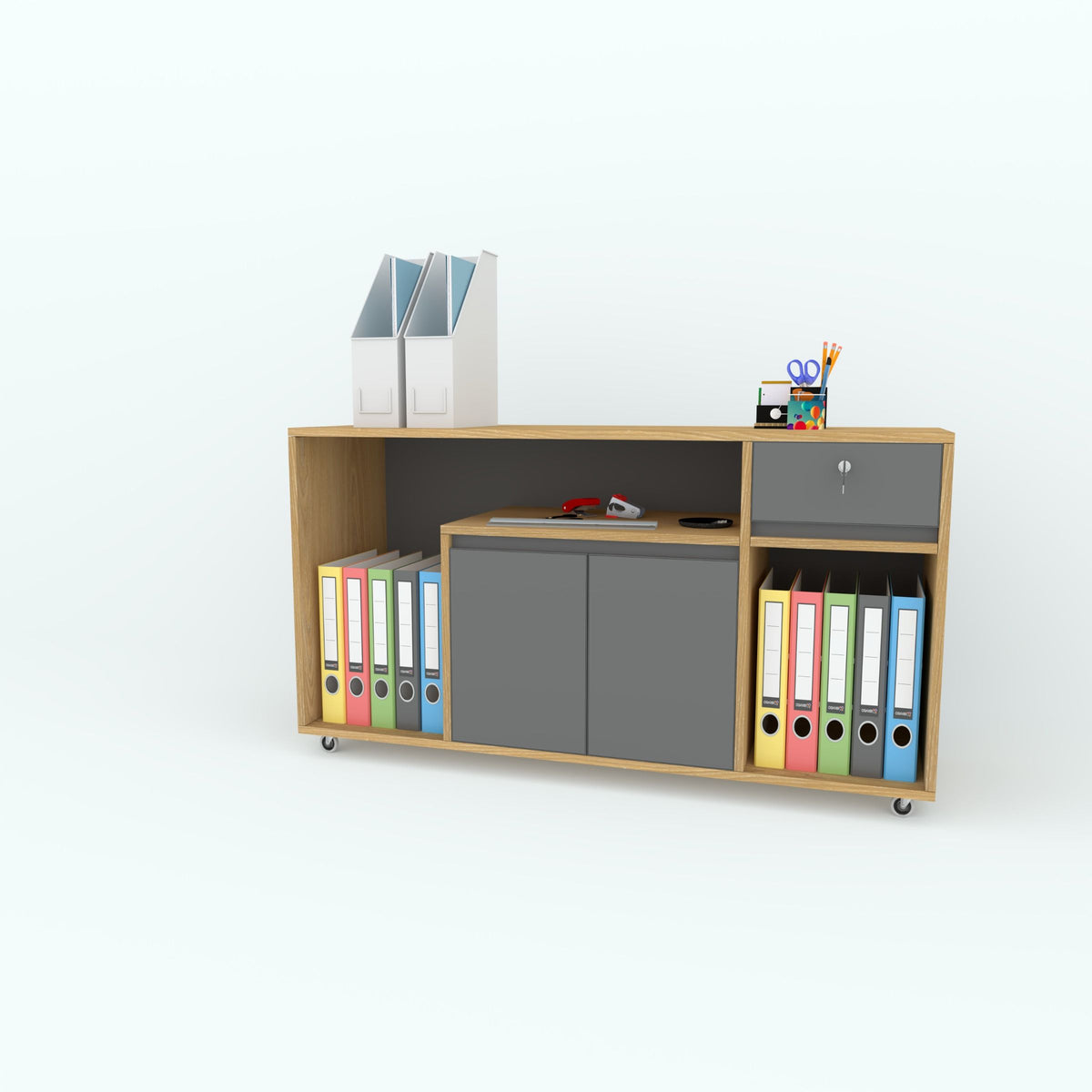 Angled view of the Offset side cabinet with grey central doors.