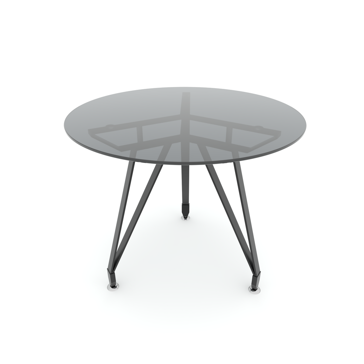 Remify round table with a grey transparent top and black legs.