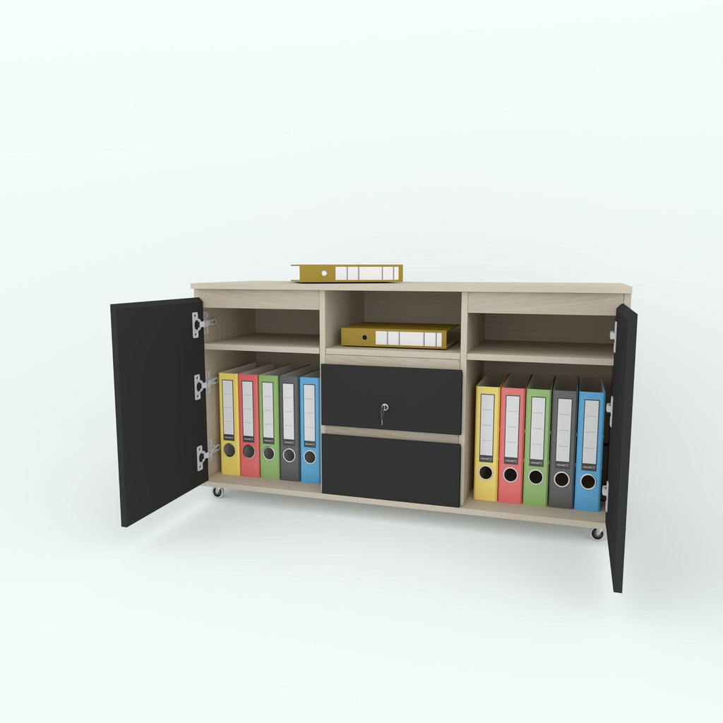 Muted side cabinet with doors open to show file storage.