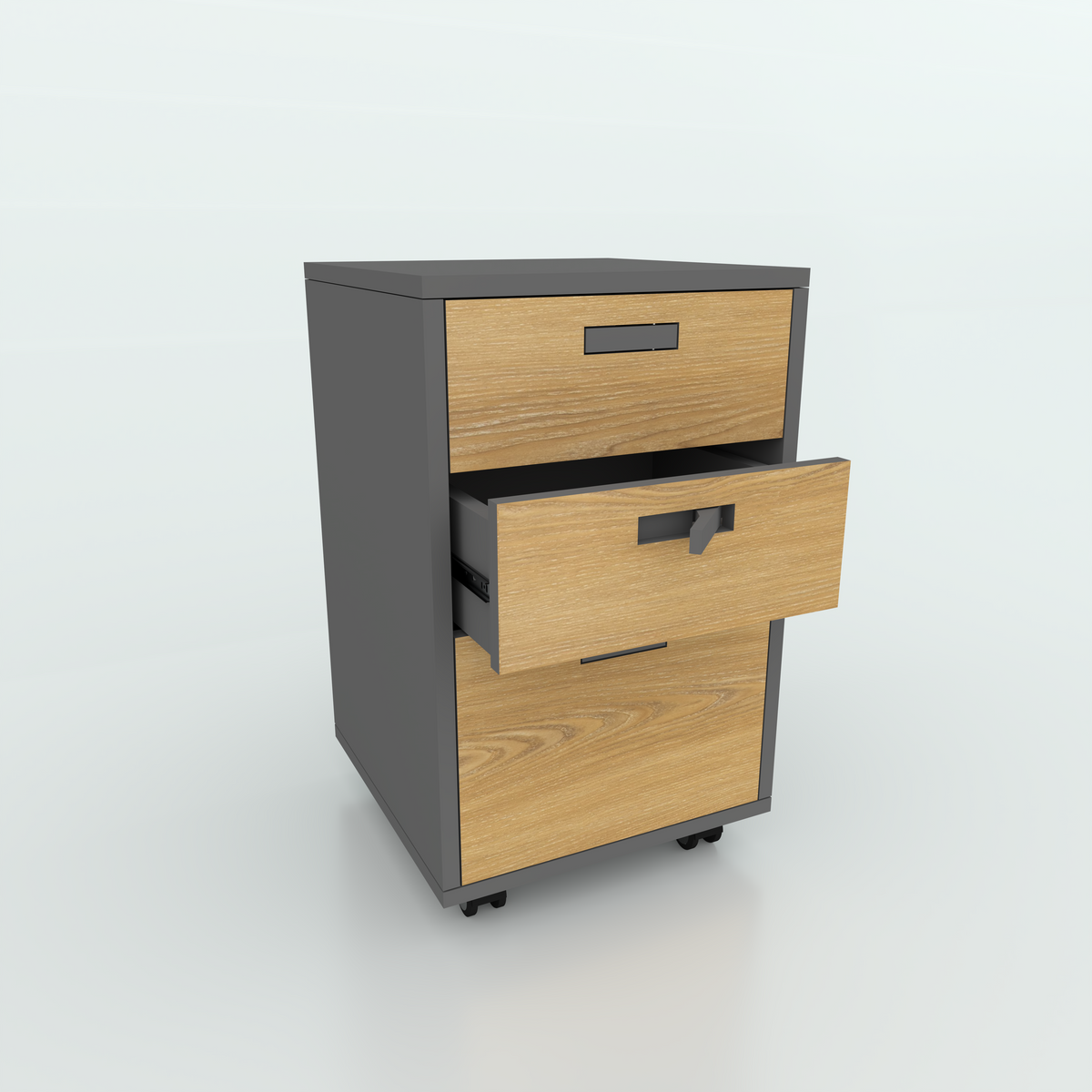 Dark HandleUp drawer unit with light brown fronts and the middle drawer open.