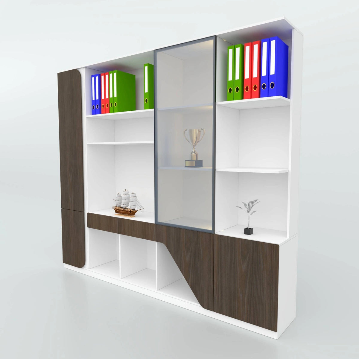 Angled view of the white Verso file cabinet with folders and ornaments.