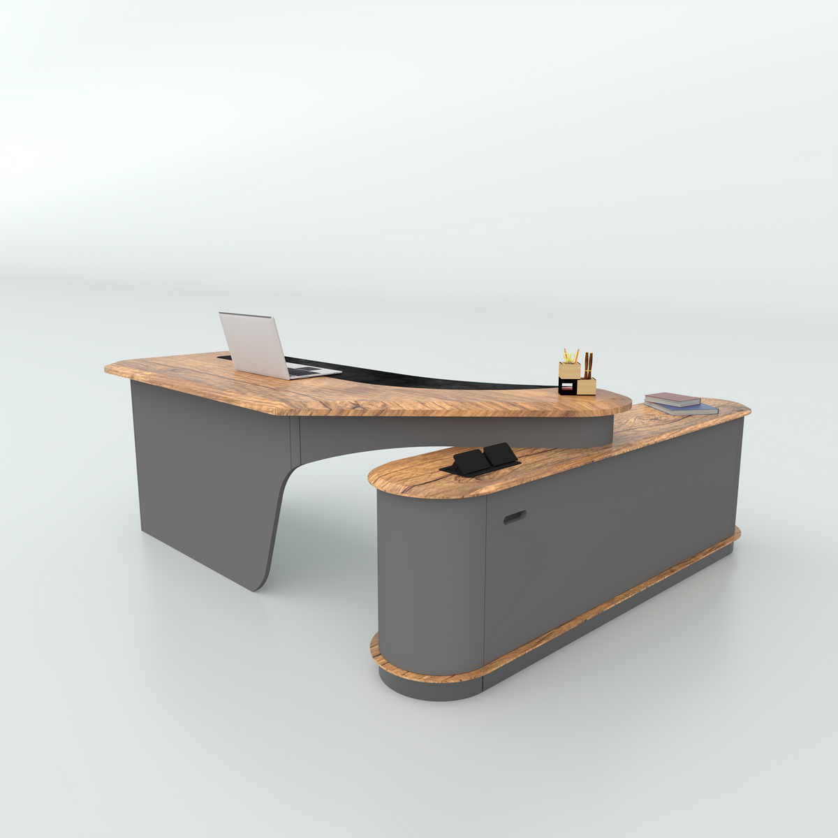 Verso desk with a light wood-tone top and grey side cabinet.