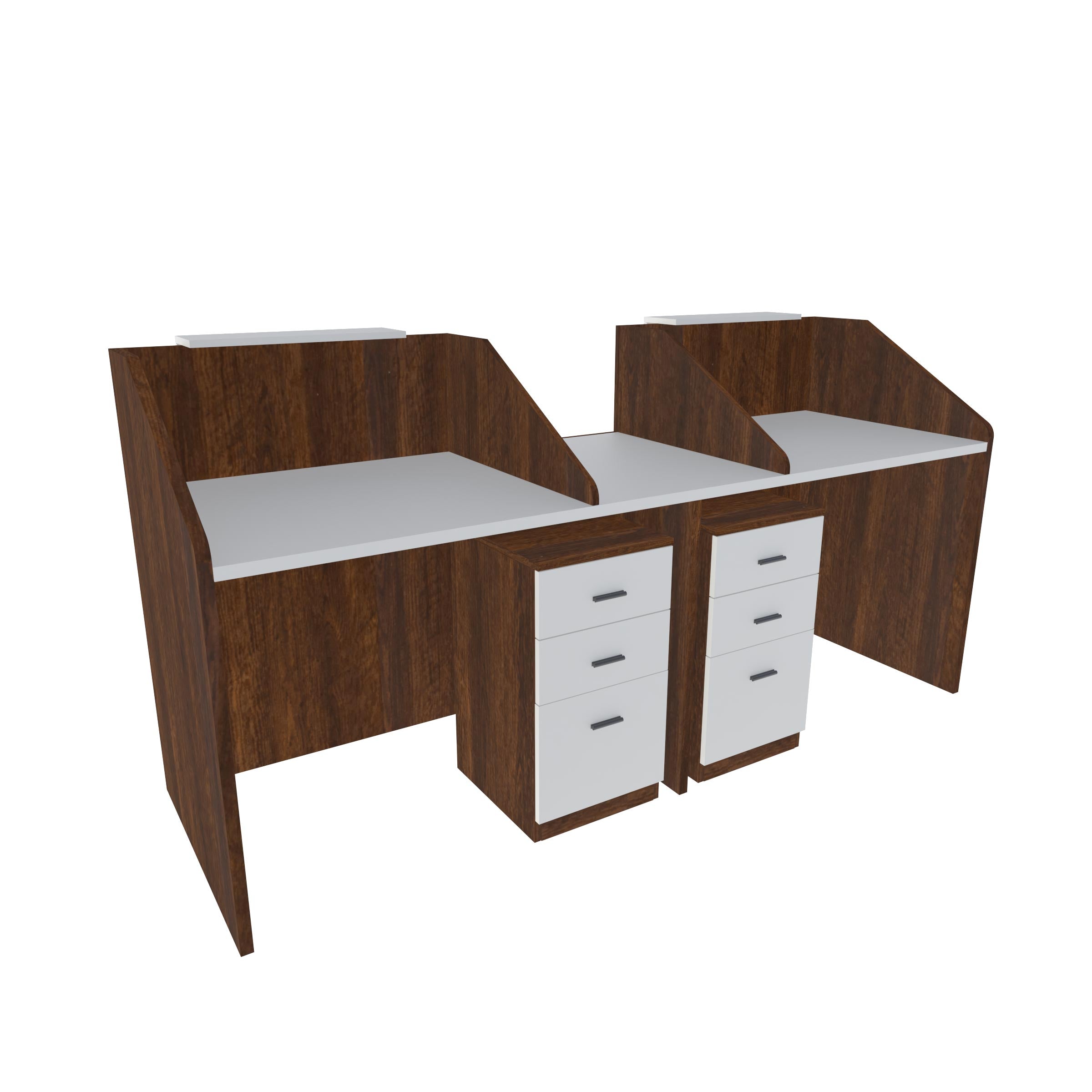 Two-person reception desk with raised visitor counters, office worktops and storage drawers for professional front desks.