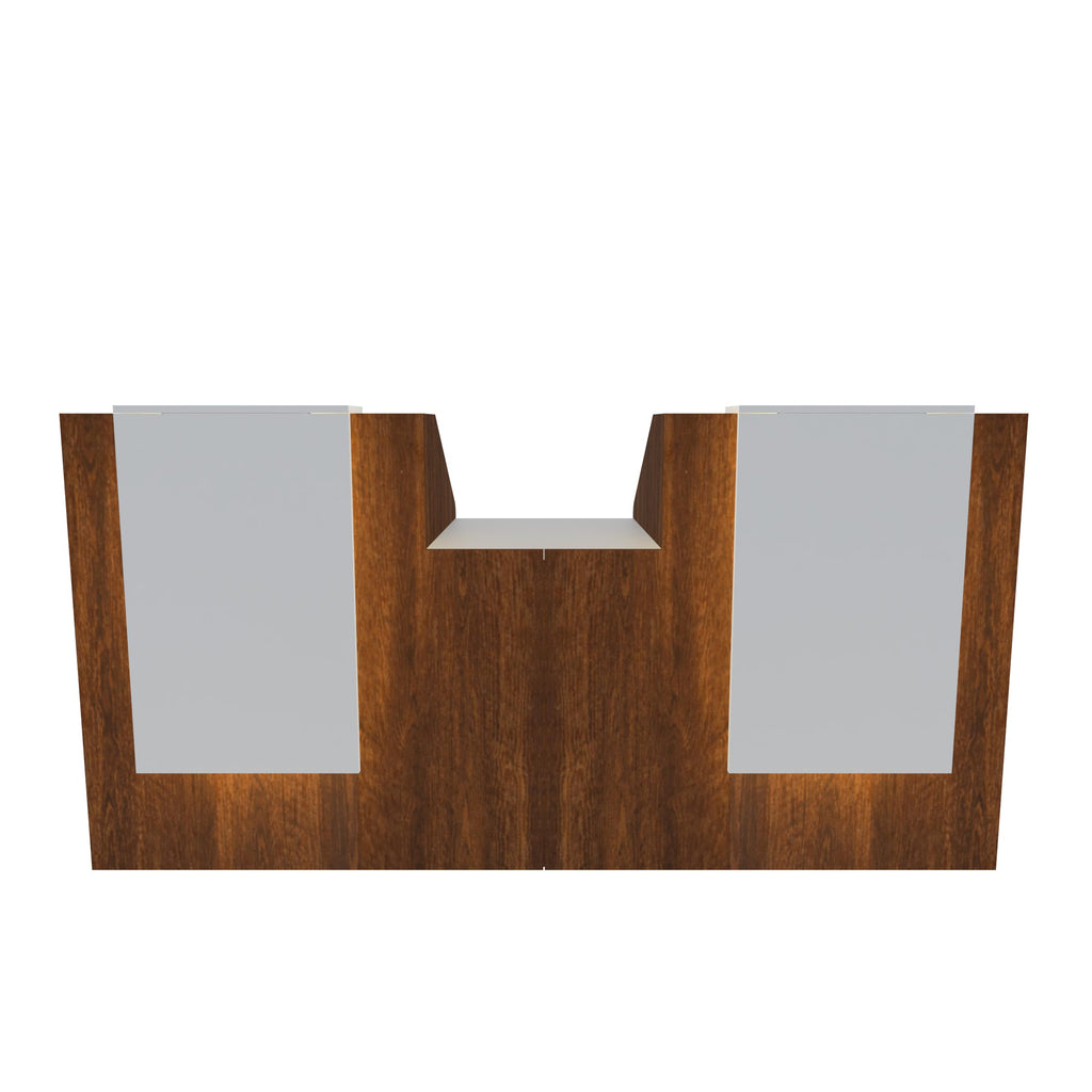 Modern Acceptance Reception Desk with wooden finish, white worktops and two drawer units for organised office use.