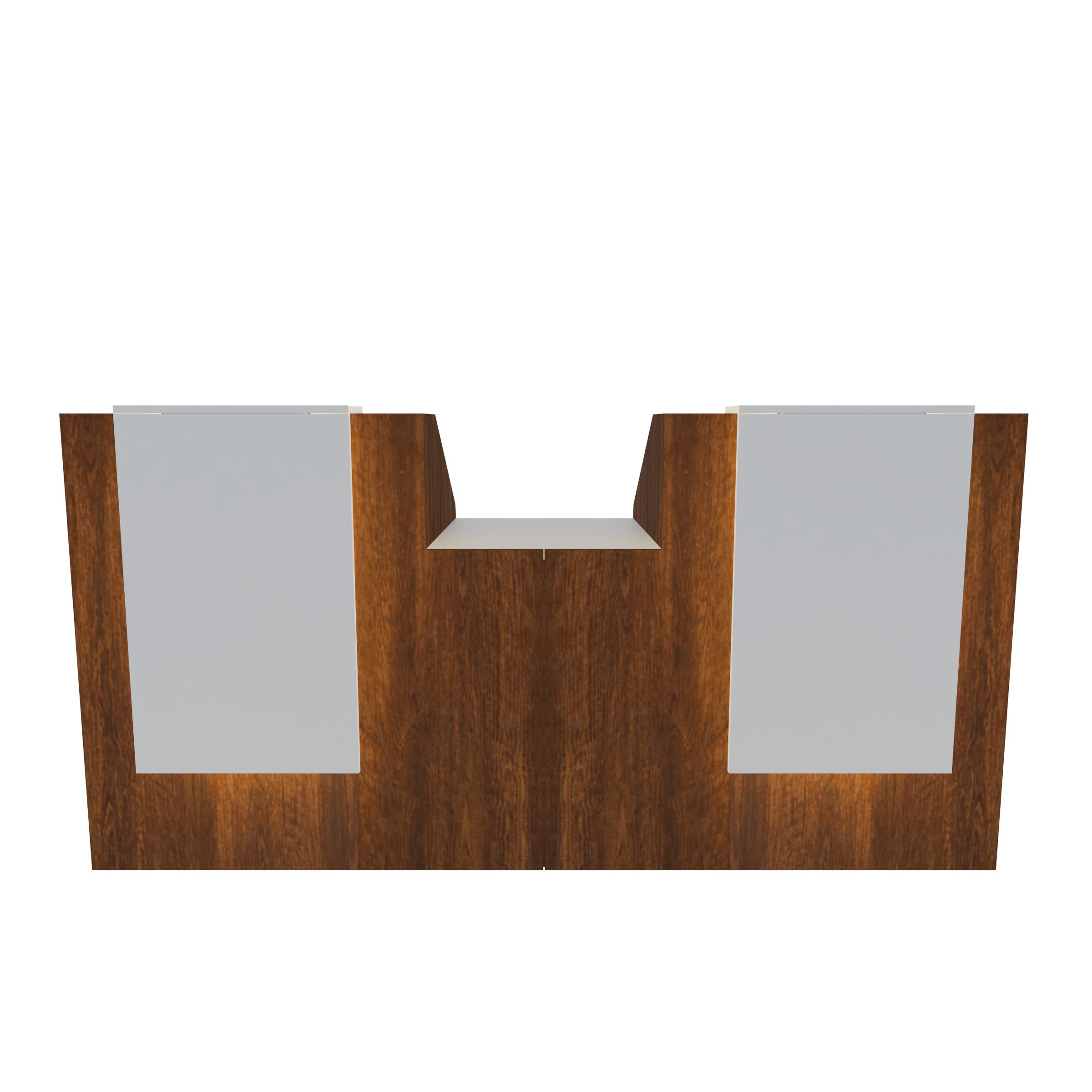 Modern Acceptance Reception Desk with wooden finish, white worktops and two drawer units for organised office use.
