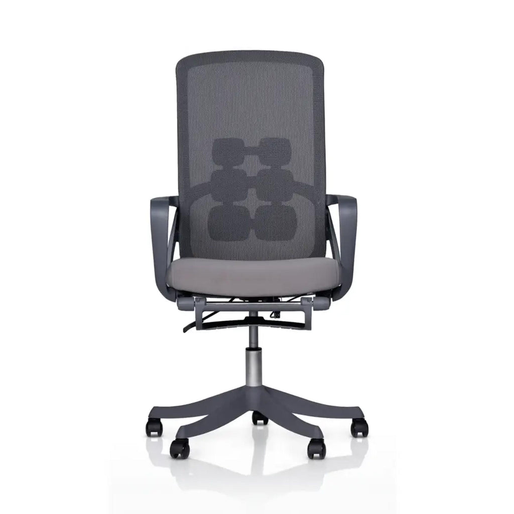Front view of AeroFlex V1 Executive Chair featuring grey mesh upholstery, padded seat and armrests for an office setup.