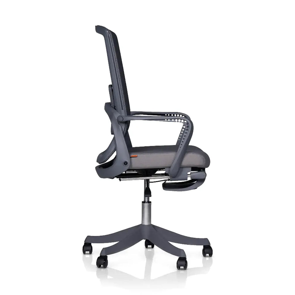 Side view of AeroFlex V1 Executive Chair with a high mesh backrest, supportive armrests and adjustable swivel chair base.