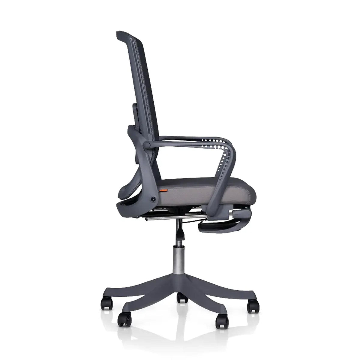 Side view of AeroFlex V1 Executive Chair with a high mesh backrest, supportive armrests and adjustable swivel chair base.
