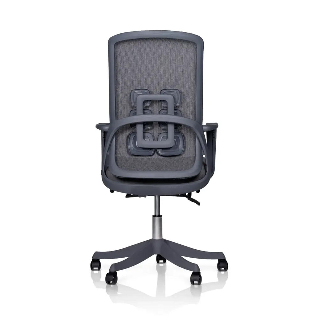 Rear view of AeroFlex V1 Executive Chair showing its mesh backrest, distinctive back support and five-star wheeled base.