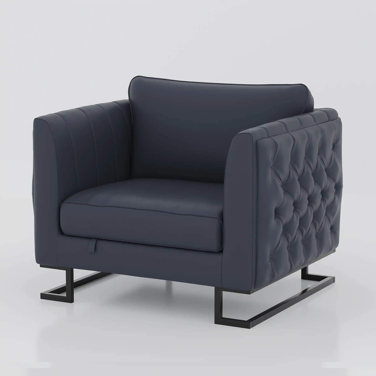 Dark blue-grey Alden single seater sofa with tufted outer arms and black sled legs, angled front view.