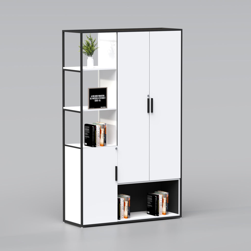Large storage cabinet with open display shelves and closed doors for organized office file management