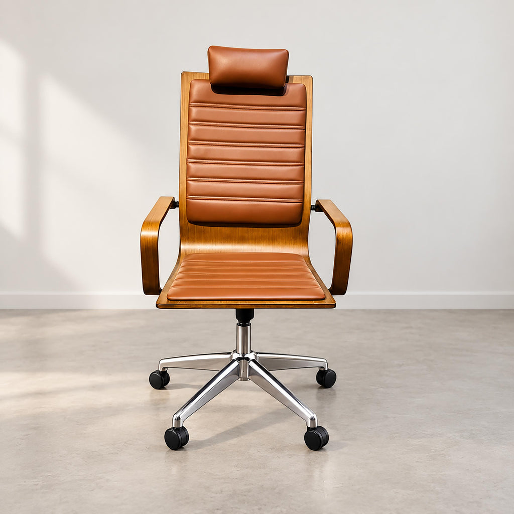 Front view of the Avenro Executive Chair with brown padded PU leather, a curved wooden frame, matching armrests, headrest, and five-star wheeled base.