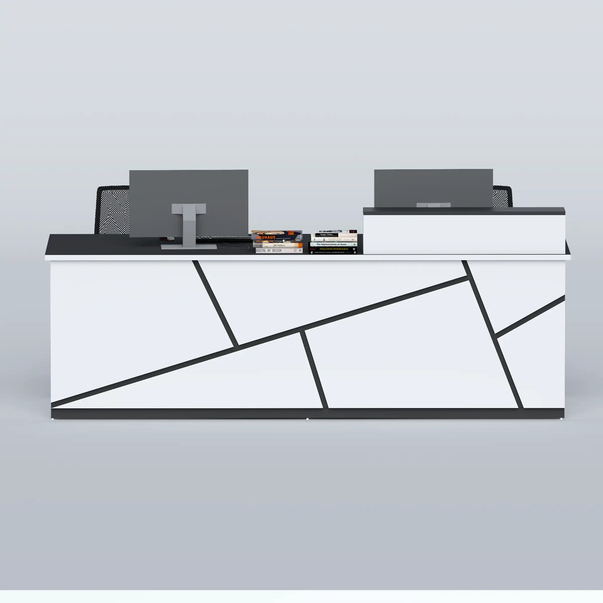 Bexon reception desk with a white front and intersecting black trim, front view.