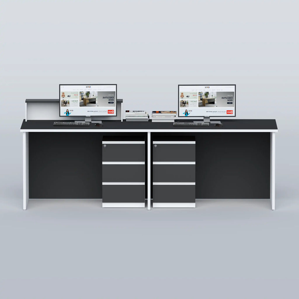 Bexon reception desk from the staff side, showing two workspaces and two drawer units.