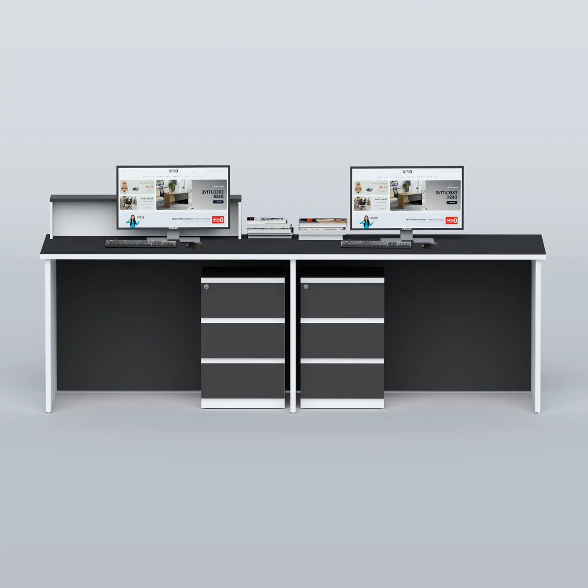 Bexon reception desk from the staff side, showing two workspaces and two drawer units.