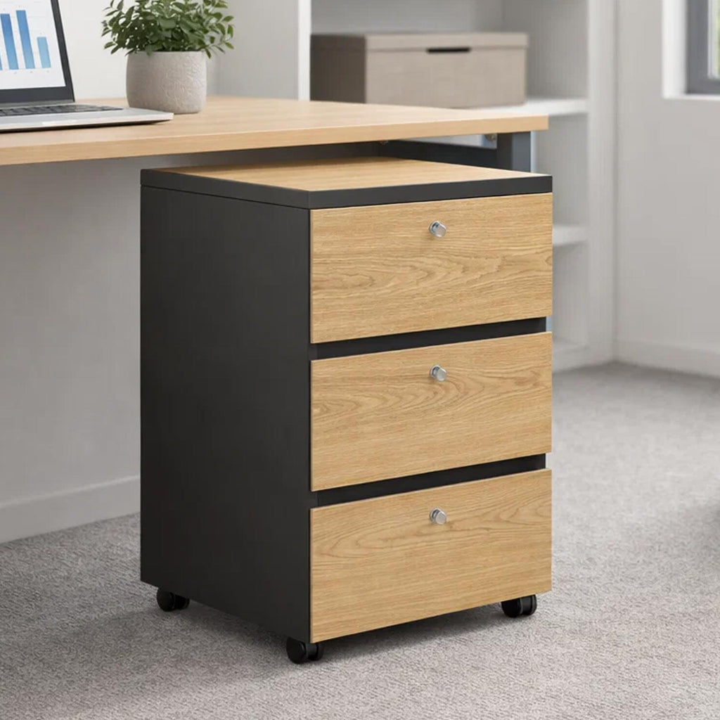Bovon Drawer Unite (individual lock), walnut 3-drawer filing cabinet with secure lockable drawers