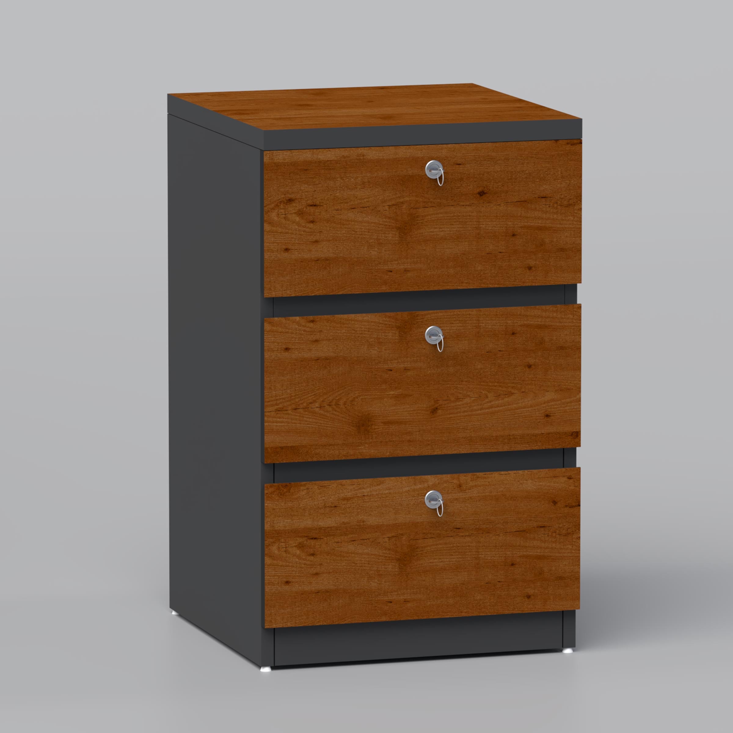 Bovon Drawer Unite (individual lock), walnut 3-drawer filing cabinet with secure lockable drawers