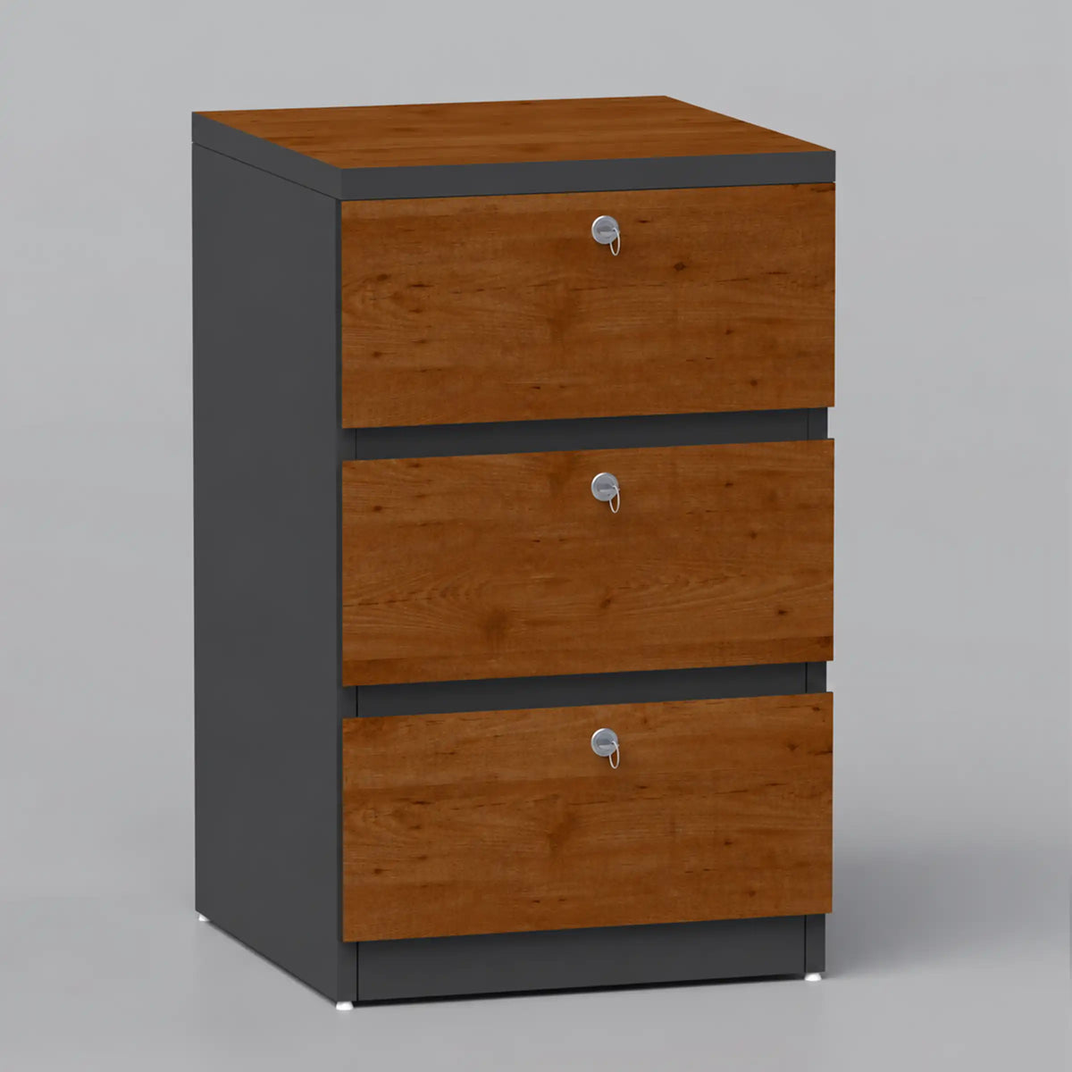 Bovon drawer unit with three brown wood-grain drawer fronts, individual keyholes and a dark grey frame.