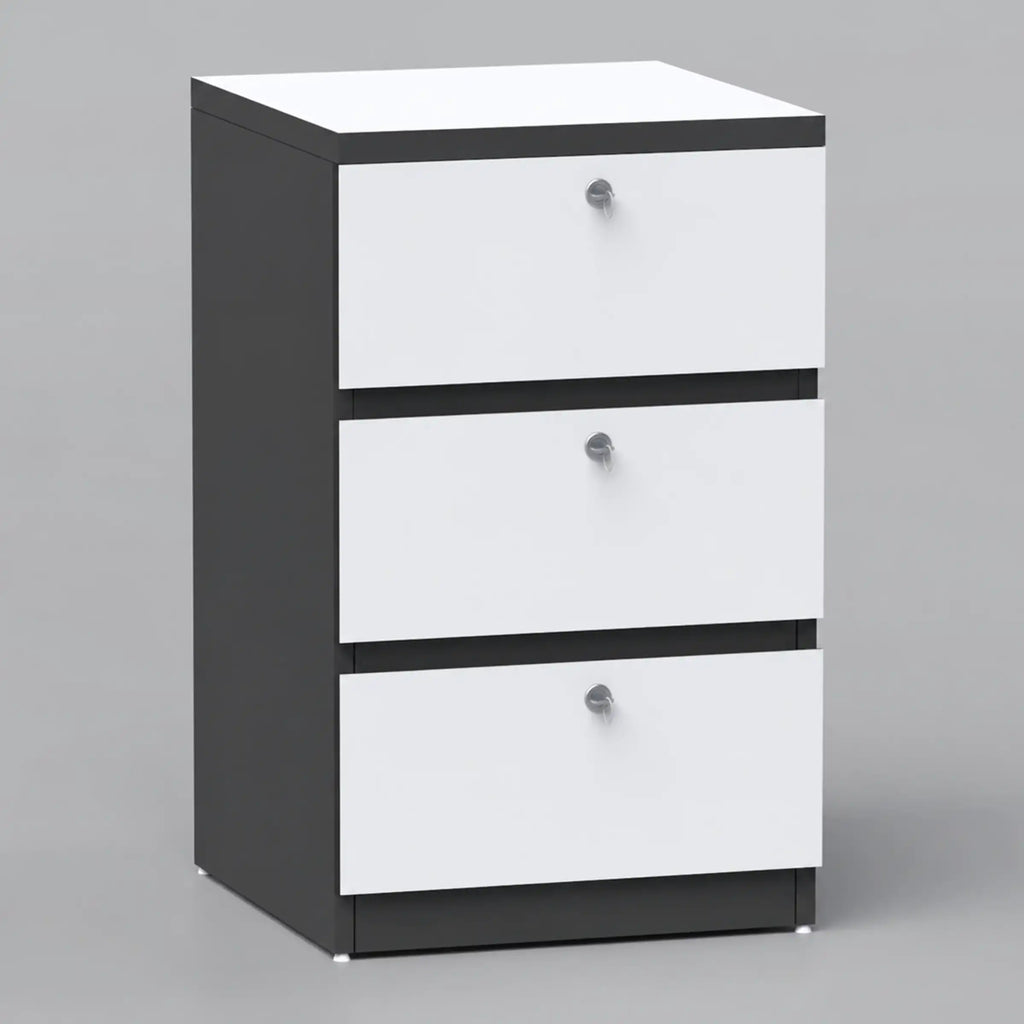 Bovon drawer unit with three white drawer fronts, individual keyholes and a dark grey frame.