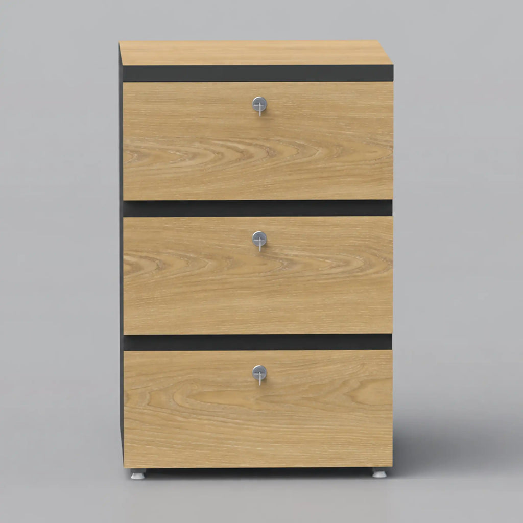 Bovon drawer unit with three light wood-grain drawer fronts and individual keyholes, front view.
