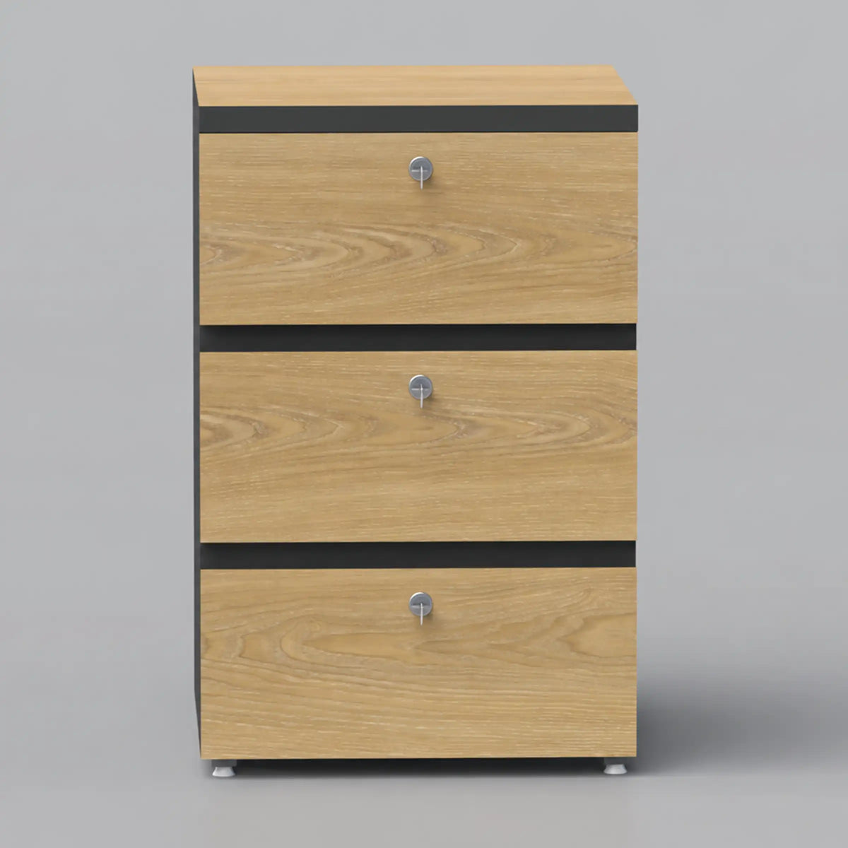 Bovon drawer unit with three light wood-grain drawer fronts and individual keyholes, front view.