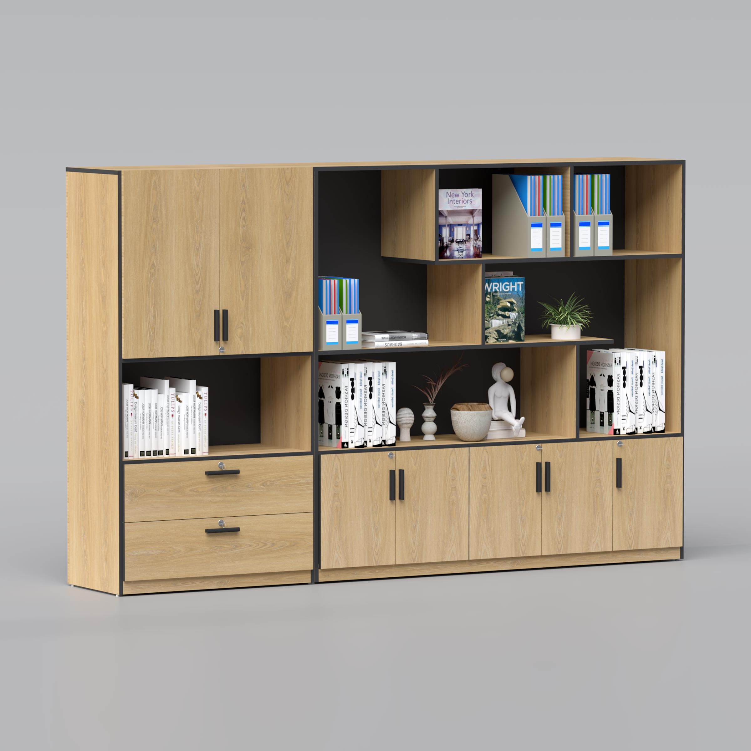 Bryon Full Height Cabinet stylish office storage cabinet with drawers and multiple shelves