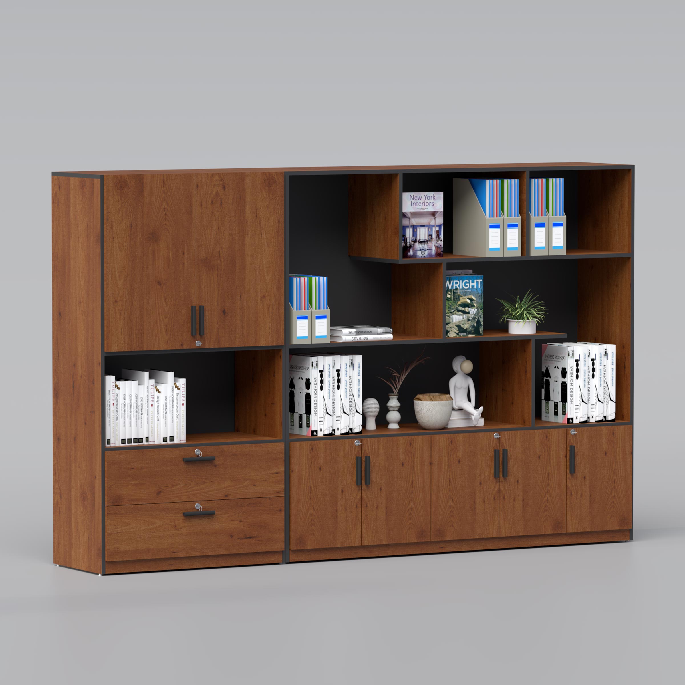 Bryon Full Height Cabinet stylish office storage cabinet with drawers and multiple shelves