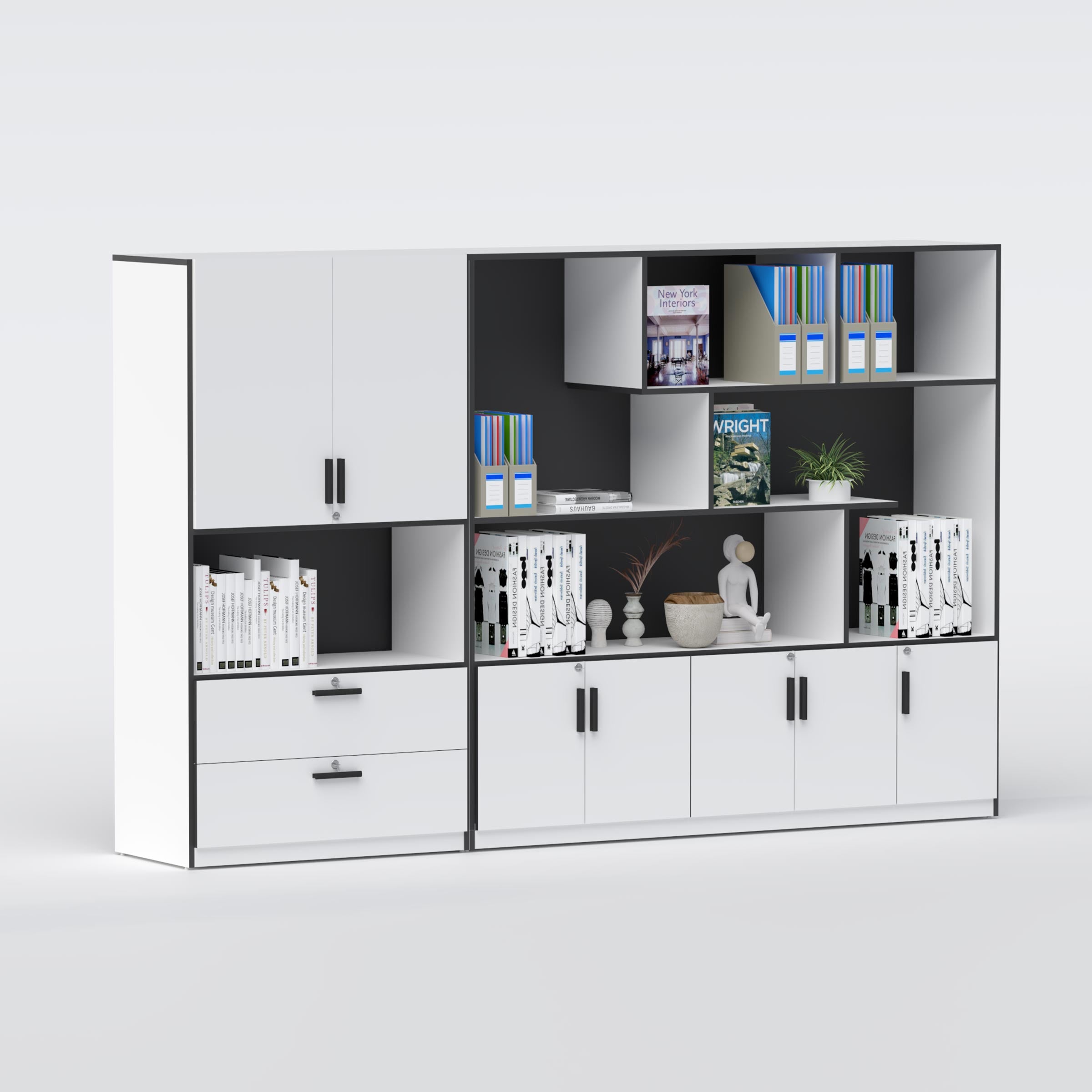 Bryon Full Height Cabinet stylish office storage cabinet with drawers and multiple shelves