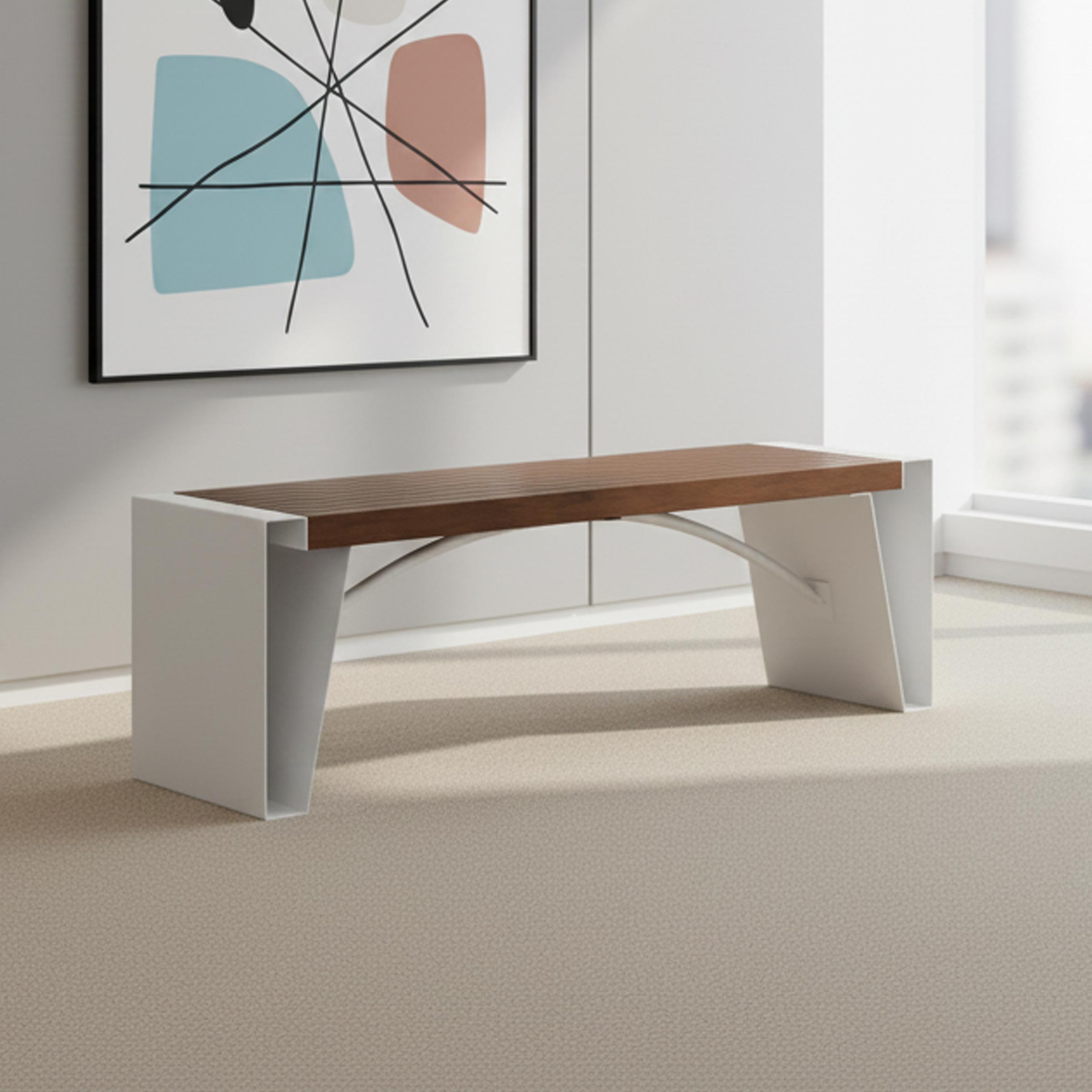 Cavor Waiting Bench for office lobbies and reception areas, modern waiting bench with wooden seat and sturdy metal base.