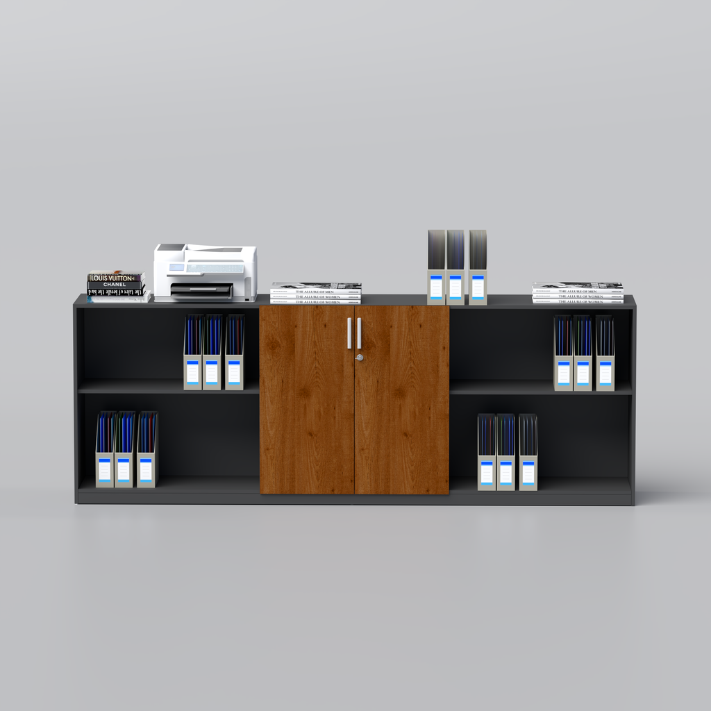 Caylo Low Height Cabinet with open shelves and storage door, ideal for modern home organization.