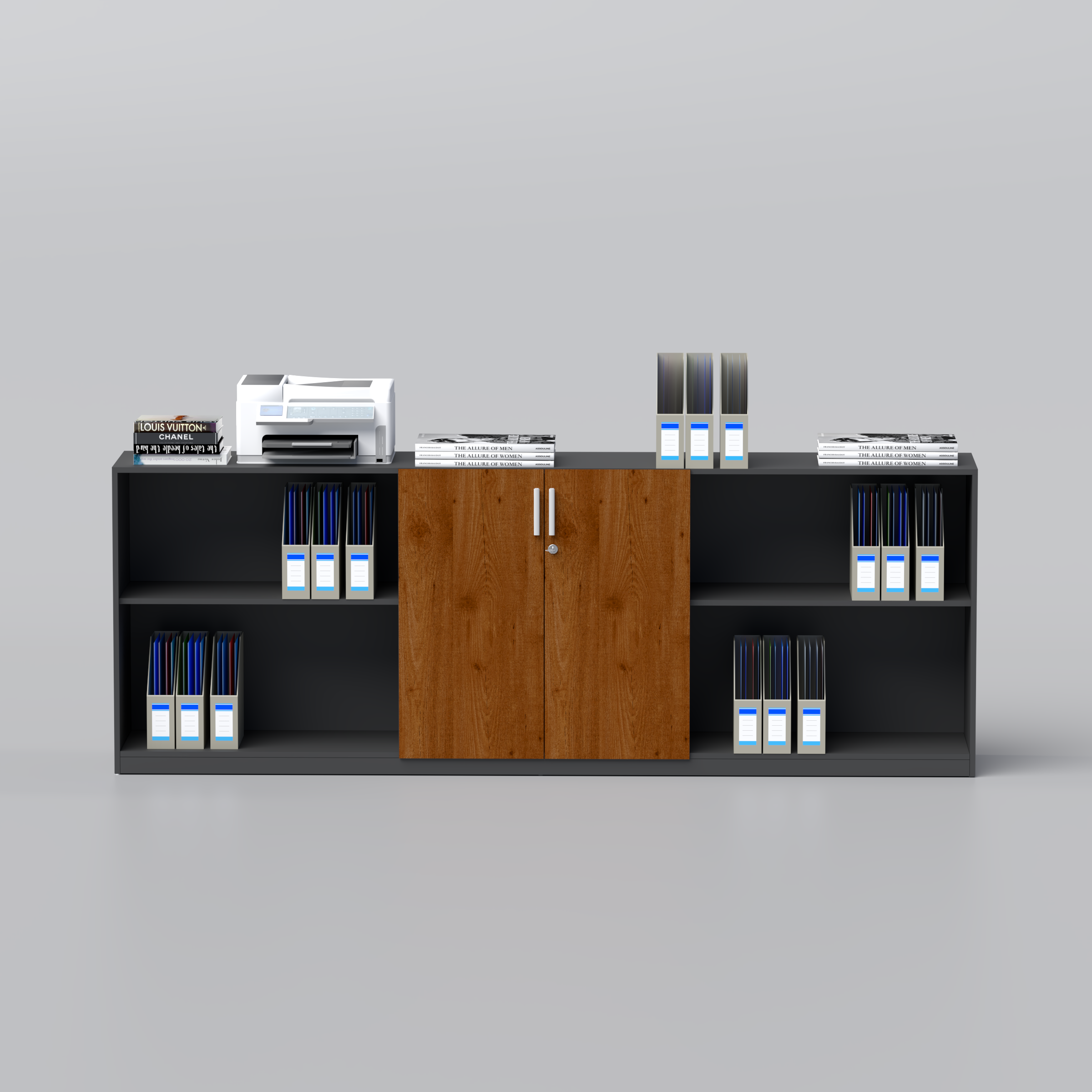 Caylo Low Height Cabinet with open shelves and storage door, ideal for modern home organization.