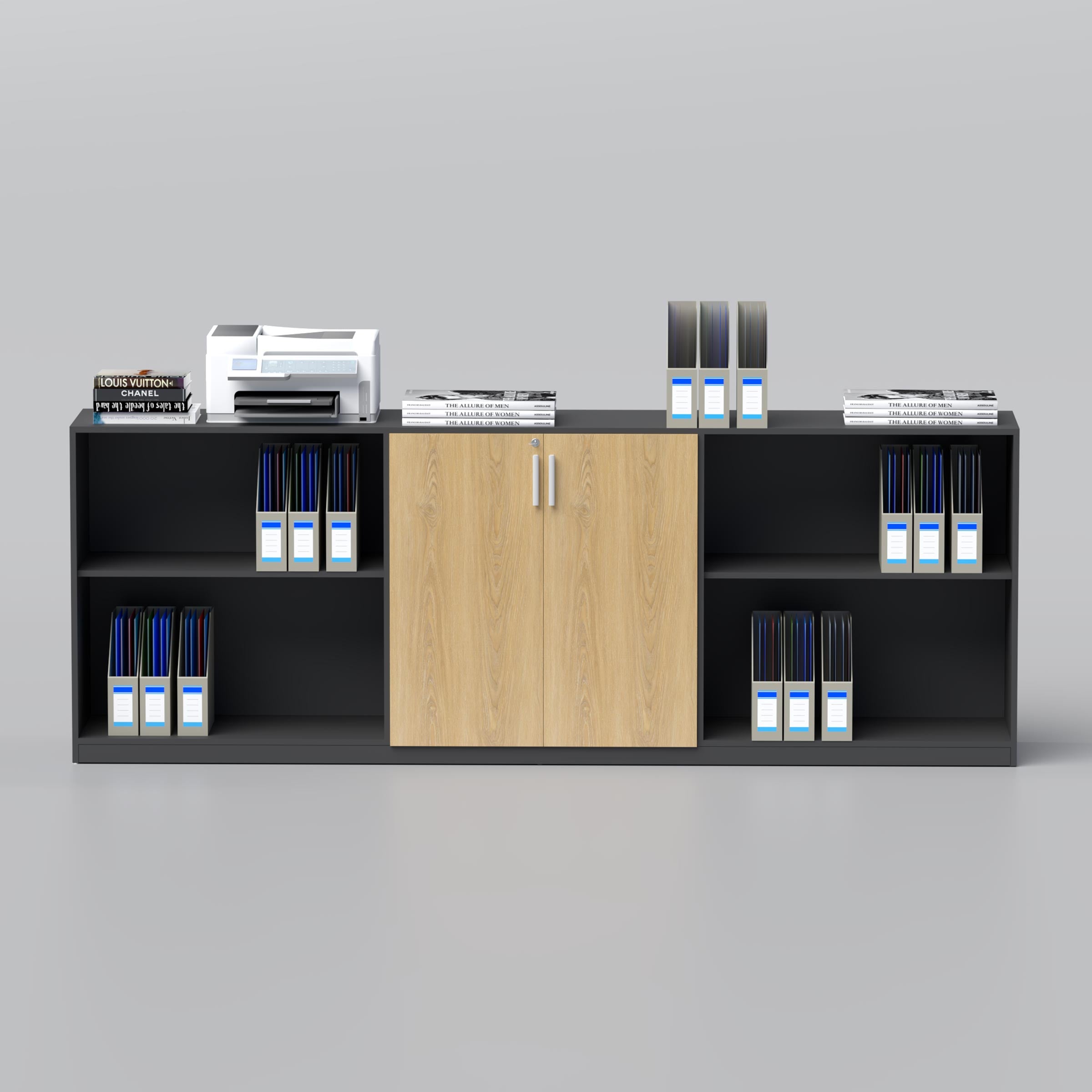 Caylo Low Height Cabinet with open shelves and storage door, ideal for modern home organization.