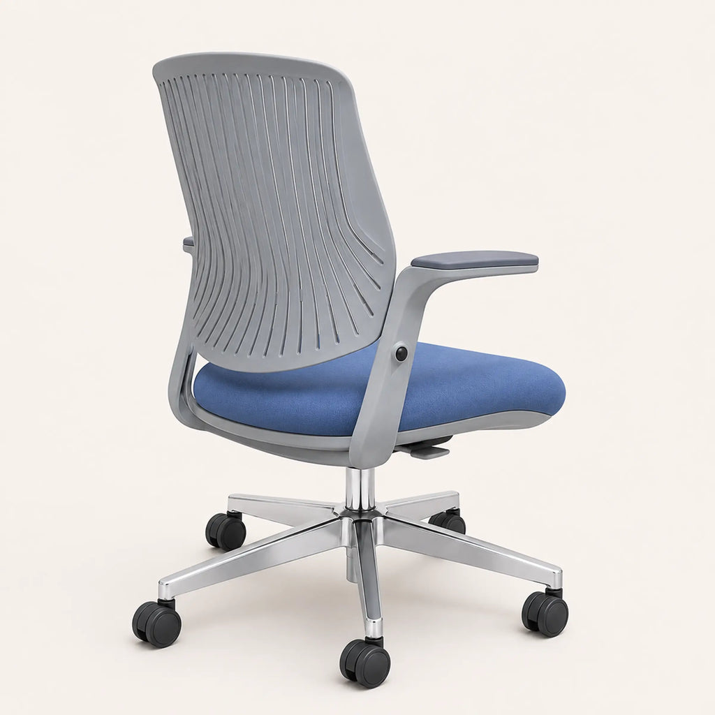 Modern ergonomic office chair with a light gray slatted backrest, blue cushioned seat, and chrome caster base on an off-white background.