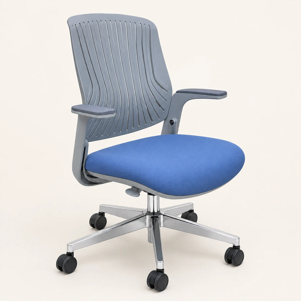 Modern ergonomic office chair with light gray slatted backrest, blue cushioned seat, and chrome swivel base on an off-white background.