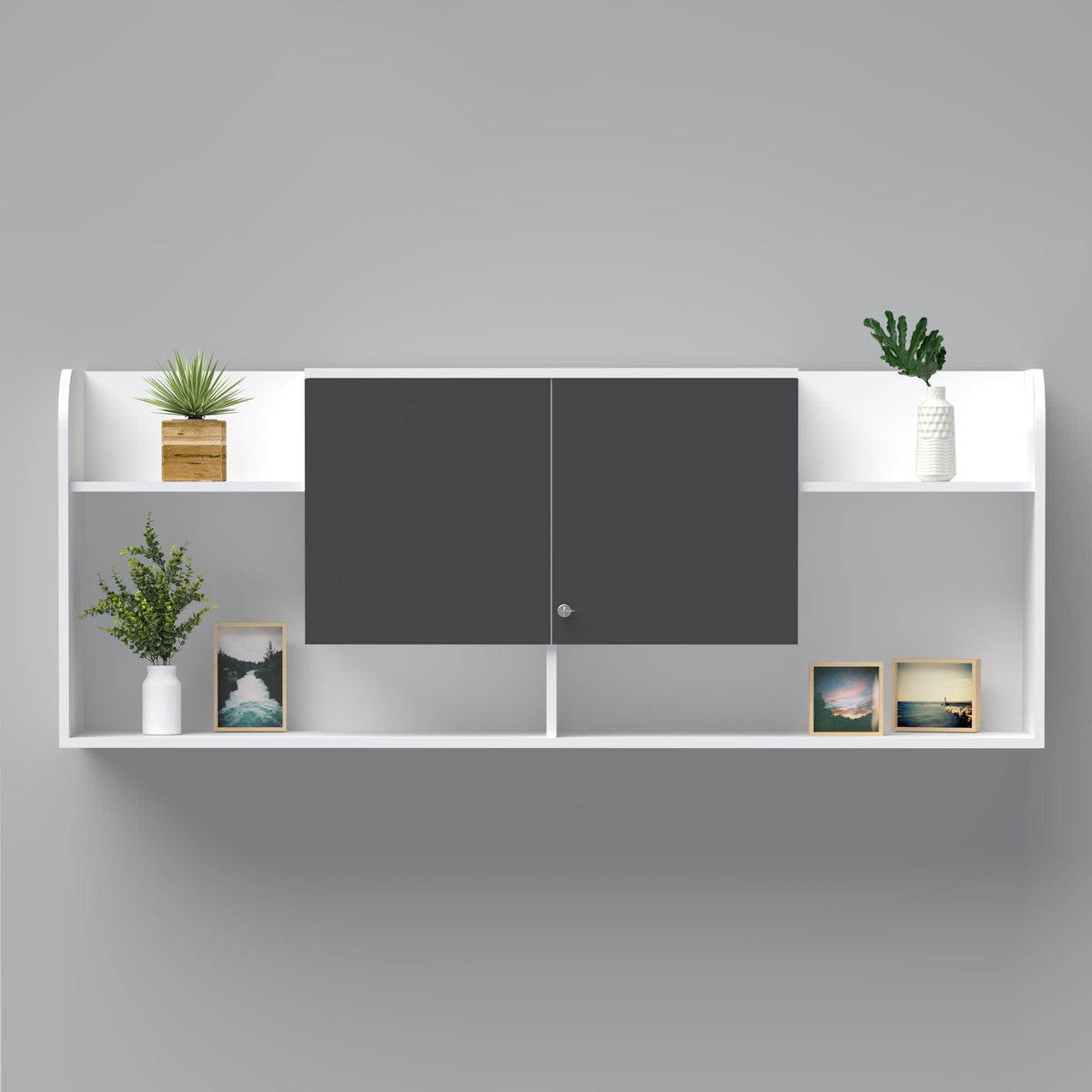 Modern floating file cabinet with laminated board for office document storage.